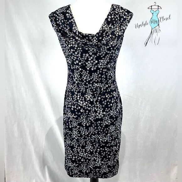 Navy and white artistic dot print cowl neck sheath dress size 6 - Picture 1 of 6